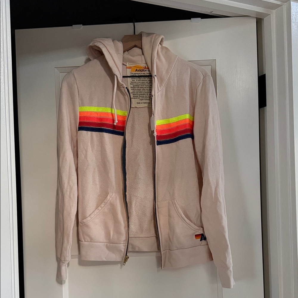 Aviator Nation Beige Hoodie with Neon Stripes